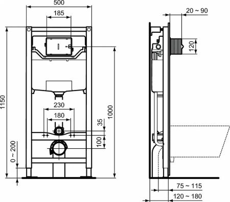 Комплект унитаз с инсталляцией 3 в 1 Ideal Standard Exacto Rimless Prosys Frame 120 M X042601