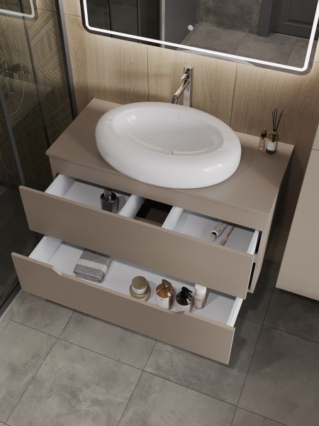 Тумба с раковиной подвесная 100 см, Orange Line Li-100TuLMDF+B08-640W латте/белый