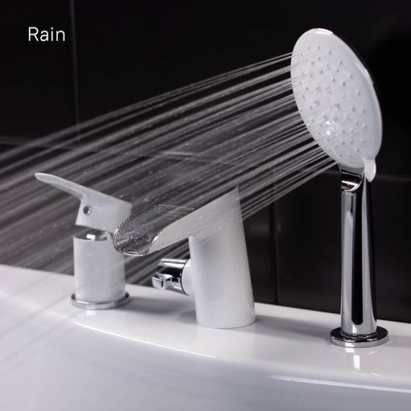 Смеситель на борт ванны на 3 отверстия с керамическим дивертором, каскадный излив, IDDIS Cloud CLOSB3Ki07, белый