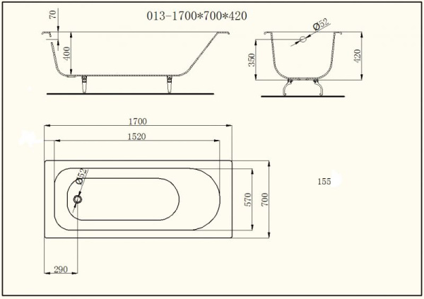Чугунная ванна (170x70) с ручками Byon V0000226 Чугунная ванна (170x70) с ручками Byon V0000226