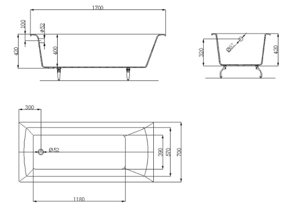 Ванна чугунная OWL 1975 Konung 170х70 с ножками, без ручек, OWLIB191113