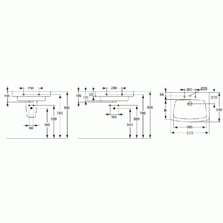 Раковина Ideal Standard Ventuno T001801, прямоугольная, универсальный монтаж, 80 см