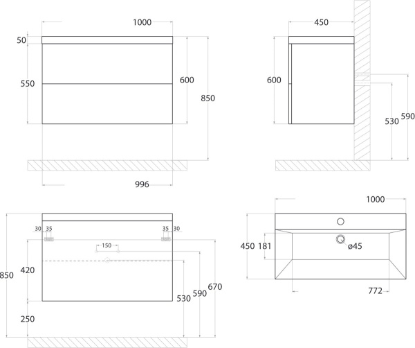 База под раковину подвесная Art&Max AM-Verona-Push-1000-2C-SO-BI-TS Белый матовый
