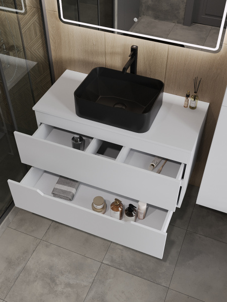 Тумба с раковиной подвесная 100 см, Orange Line Li-100TuwMDF+B02-460MB белый/черный