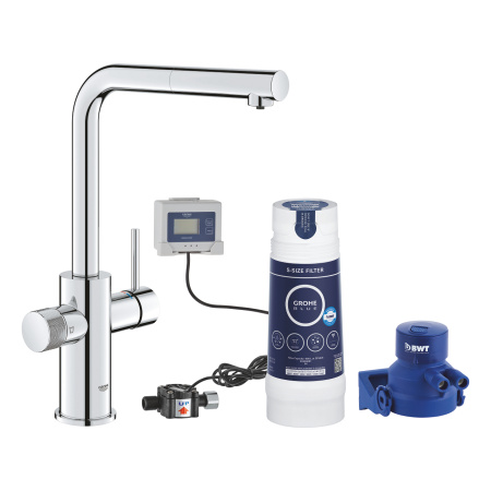 Стартовый комплект со смесителем с выдвижным изливом S-Size GROHE Blue Pure Minta 30591000, хром