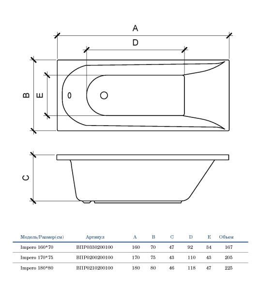 Акриловая ванна прямоугольная (180х80) Alba Spa IMPERO ВПР0210200100