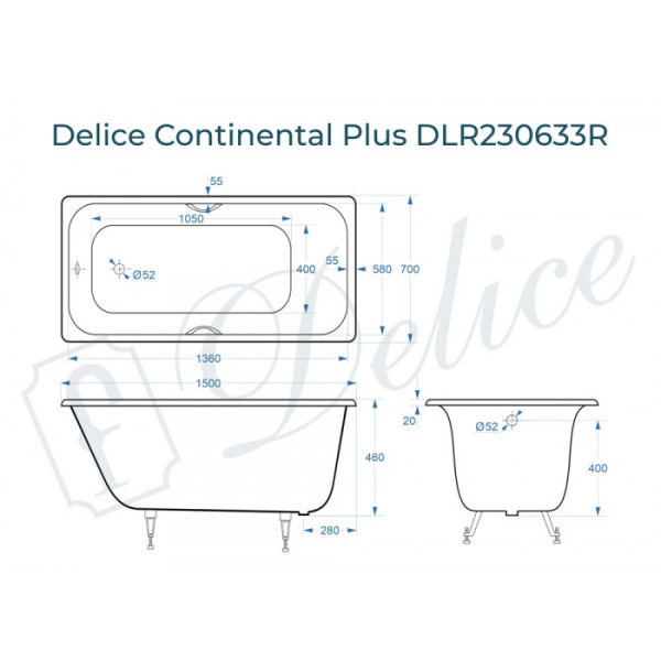 Ванна чугунная (150х70) Delice Continental PLUS DLR230633R с отверстиями под ручки Ванна чугунная (150х70) Delice Continental PLUS DLR230633R с отверстиями под ручки