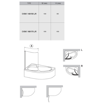 Шторка на ванну (85х150) Ravak Chrome CVSK1 Rosa 140/150 L 7QLM0U00Y1 Transparent