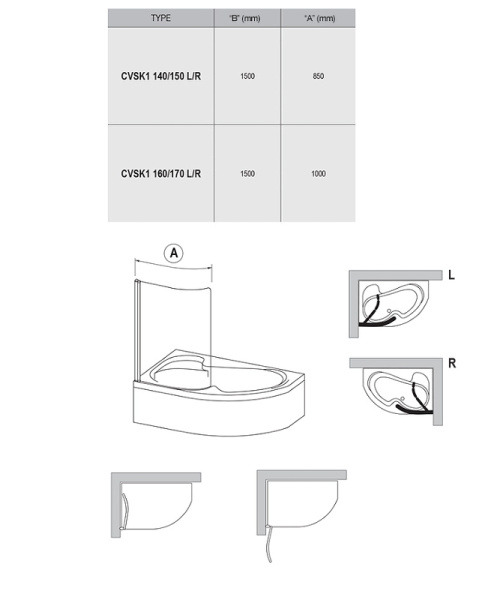 Шторка на ванну (85х150) Ravak Chrome CVSK1 Rosa 140/150 L 7QLM0U00Y1 Transparent