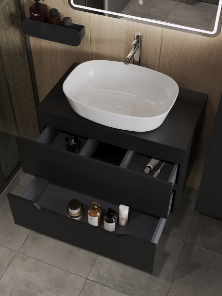 Тумба с раковиной подвесная 80 см, Orange Line Li-80TubMDF+B08-500W черный/белый