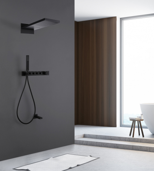 Душевой комплект ABBER Rund AF8753B скрытого монтажа с изливом, термостат, черная матовая