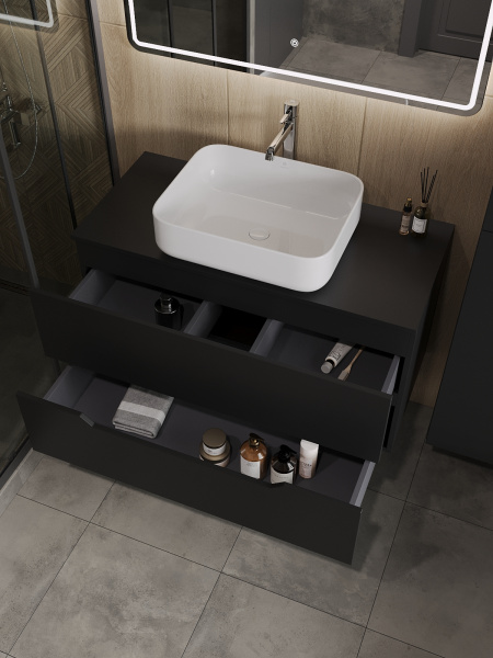 Тумба с раковиной подвесная 100 см, Orange Line Li-100TubMDF+B05-500W черный/белый