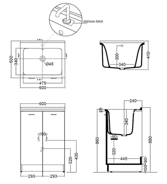 Хозяйственная раковина (60х60) Kerasan Aquadom 029201N*1 с 1 отверстием, белый