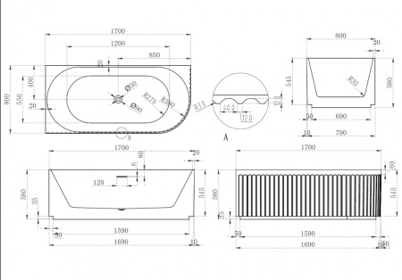 Акриловая ванна (170х80) ABBER AB9412-1.7 L без гидромассажа, белый