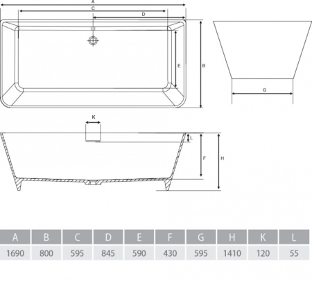 Ванна из литого мрамора ALPEN Novara 170 в комплекте с сифоном NOV-170M