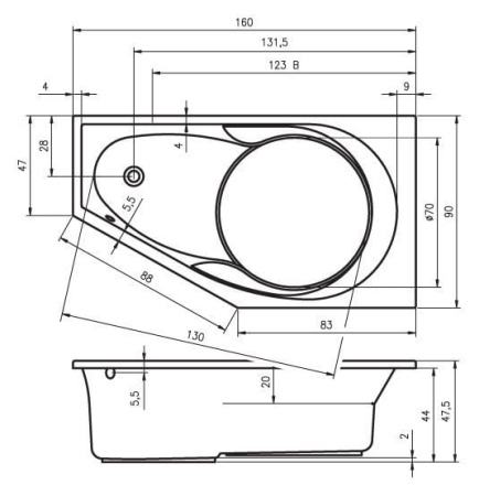 Ванна акриловая RIHO Yukon (160x90) левосторонняя B009001005