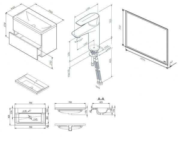 Комплект мебели для ванной AM.PM Gem 75 BK90GA