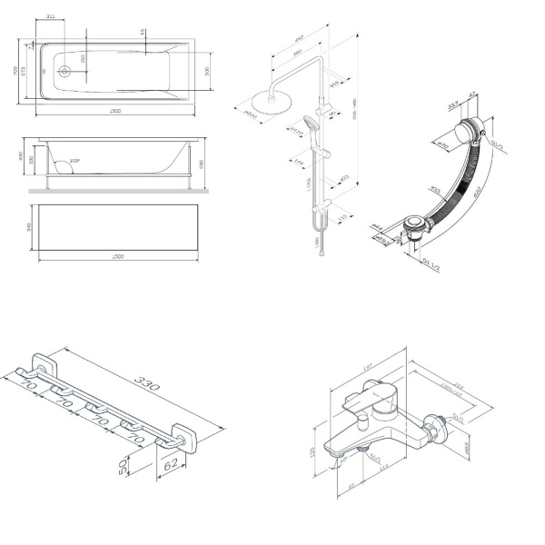 Комплект ванны 150х70 с душевой системой и аксессуарами AM.PM Gem WK90GK