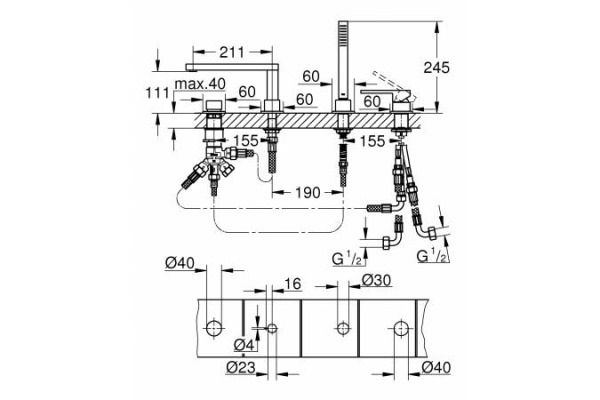 Смеситель для ванны на 4 отверстия GROHE Plus 29307 DC3 (29307DC3) суперсталь