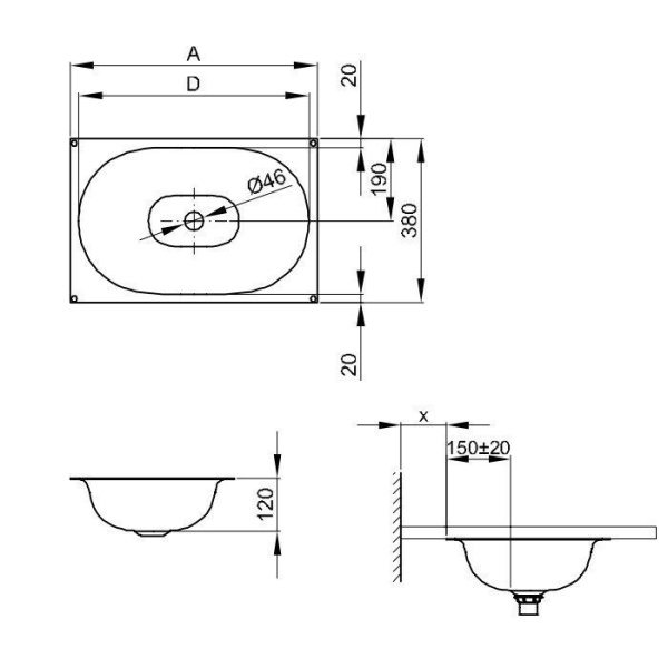 Раковина встраиваемая снизу (57х38) Bette Comodo A217-000