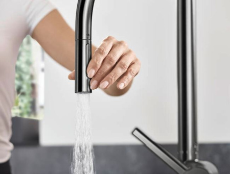 Смеситель для кухни с выдвижным изливом sBox Hansgrohe Talis M54 2jet 72801340 шлифованный черный хром