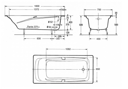 Чугунная ванна (160x75) Jacob Delafon Repos E2929-00
