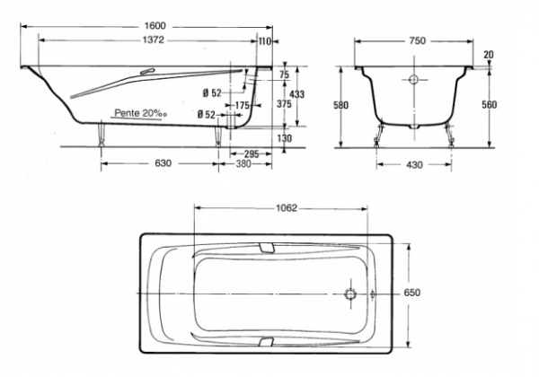 Чугунная ванна (160x75) Jacob Delafon Repos E2929-00