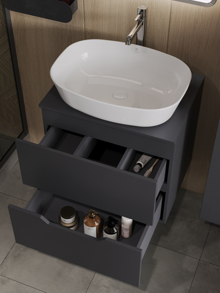 Тумба с раковиной подвесная 60 см, Orange Line Li-60TugMDF+B08-500W графит/белый