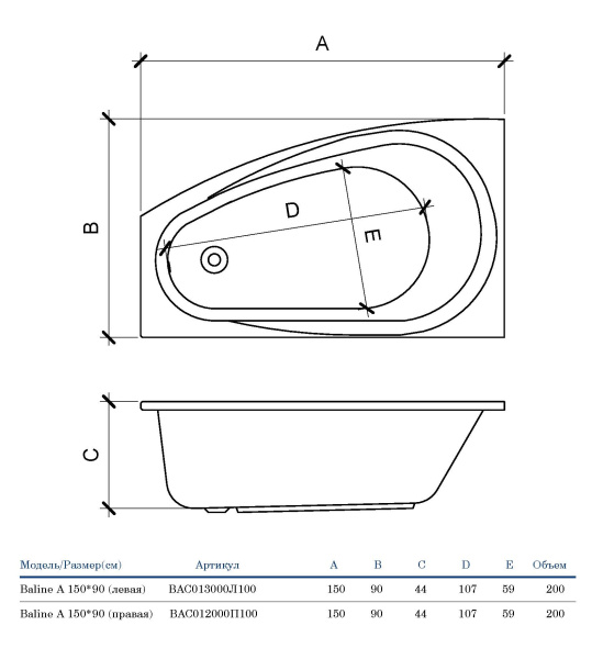Акриловая ванна асимметричная (150х90) Alba Spa BALINE ВАС013000Л100