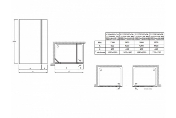 Душевое ограждение 90 см, левое, Jacob Delafon Contra C22WP90L-MZ