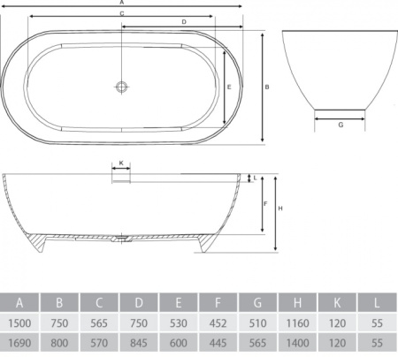 Ванна из литого мрамора ALPEN Palermo 150 в комплекте с сифоном PAL-150M