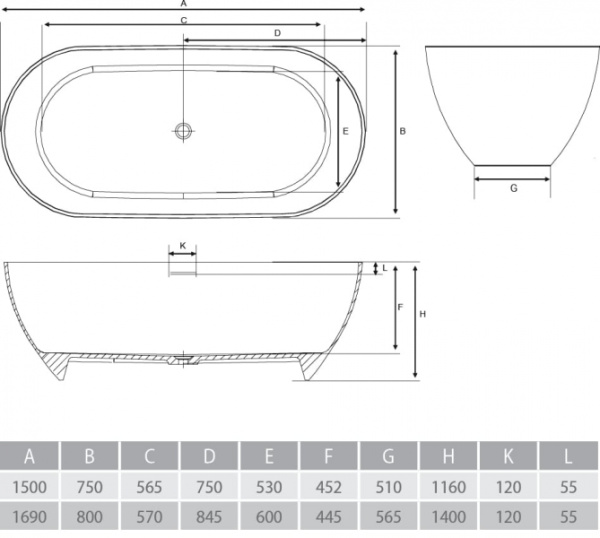 Ванна из литого мрамора ALPEN Palermo PAL-170M в комплекте с сифоном Ванна из литого мрамора ALPEN Palermo PAL-170M в комплекте с сифоном