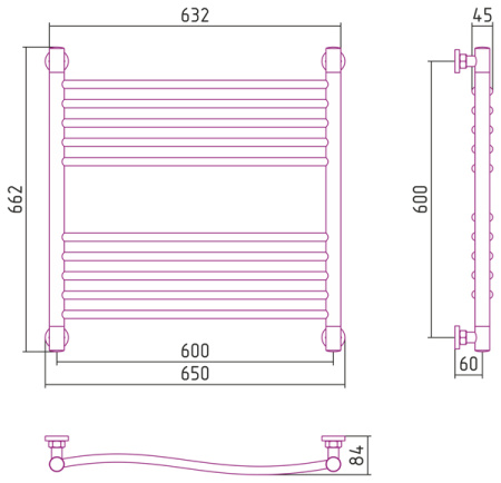 Полотенцесушитель Водяной Сунержа Флюид + (60х60) Матовый Белый 30-0222-6060
