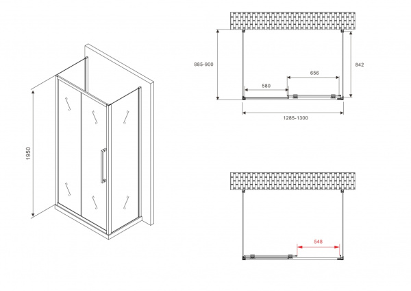 Душевой уголок (130х90) ABBER Schwarzer Diamant AG30130MH-S90M-S90M хром