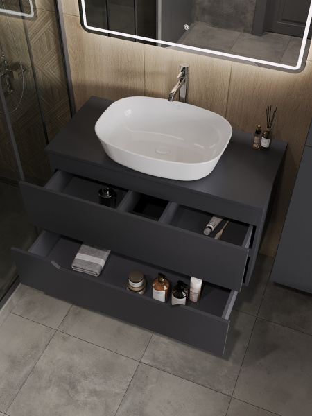 Тумба с раковиной подвесная 100 см, Orange Line Li-100TugMDF+B08-500W графит/белый