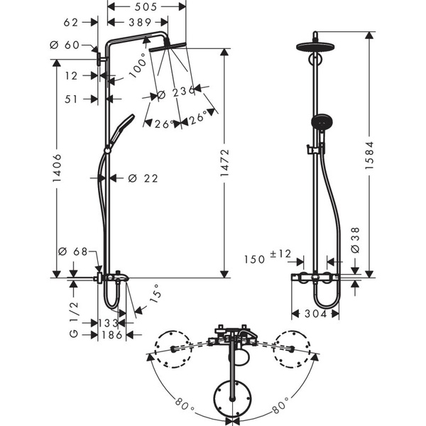 Душевая система с термостатом для ванны Hansgrohe Raindance Select S 240 Showerpipe 1jet 27117000 хром
