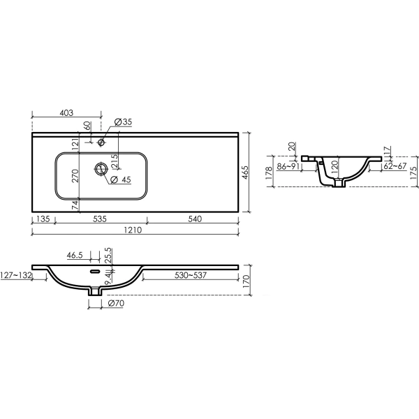Раковина встраиваемая сверху (121х46,5) Ceramica Nova Element CN7006L