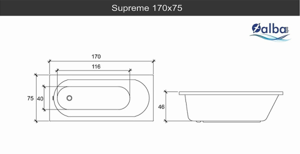 Акриловая ванна прямоугольная (170х75) Alba Spa SUPREME ВПР041000200