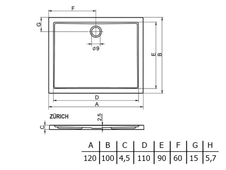 Душевой поддон (120х100) Riho Zurich D001005005