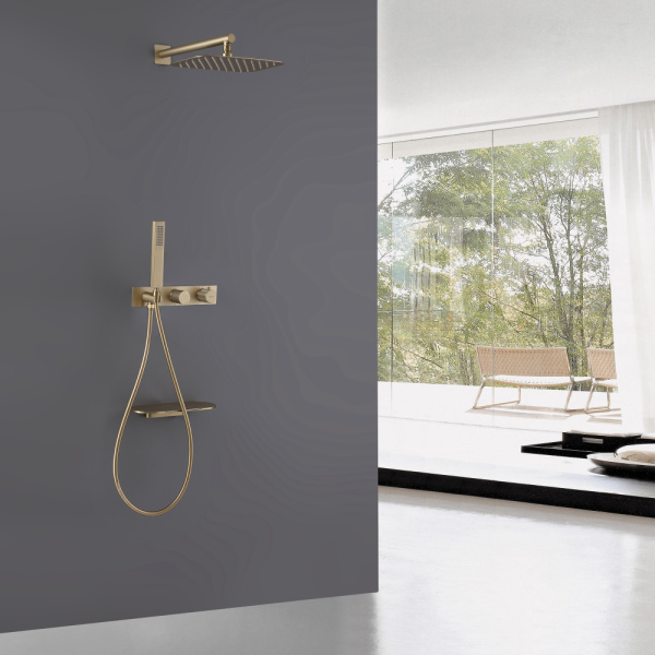 Душевой комплект ABBER Rund AF8750G скрытого монтажа с изливом, термостат, золото матовое