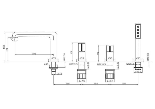 Смеситель на борт ванны BelBagno UNO UNO-BVD4-CRM Смеситель на борт ванны BelBagno UNO UNO-BVD4-CRM