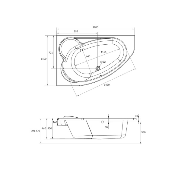 Ванна акриловая асимметричная Cersanit KALIOPE 170х110 левая 63443