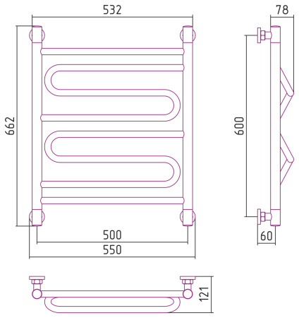 Полотенцесушитель Водяной Сунержа Элегия + (60х50) Хром 00-0205-6050
