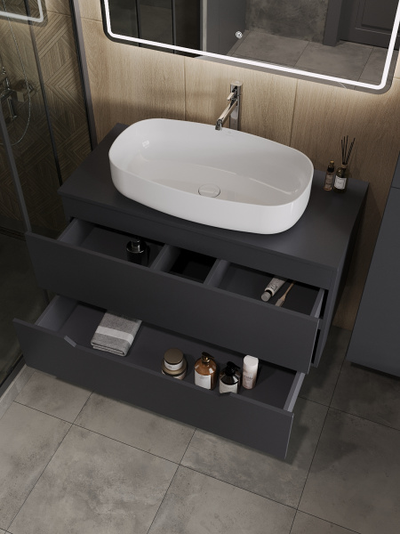 Тумба с раковиной подвесная 100 см, Orange Line Li-100TugMDF+B07-675W графит/белый