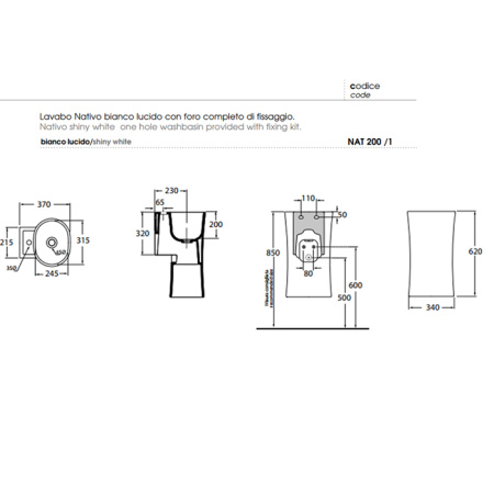 Раковина подвесная (35х37) Azzurra Nativo LALS035370NM/(NAT200/1 bi)*1