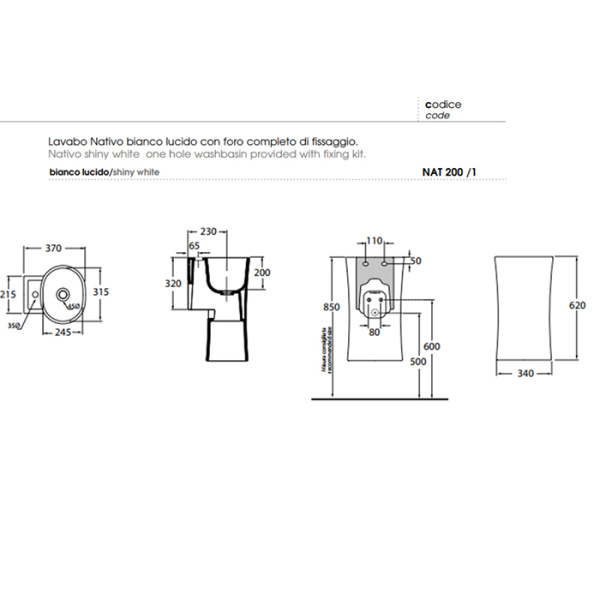 Раковина подвесная (35х37) Azzurra Nativo LALS035370NM/(NAT200/1 bi)*1