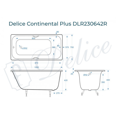 Ванна чугунная (100х70) Delice Continental PLUS DLR230642R без ножек и антискользящего покрытия