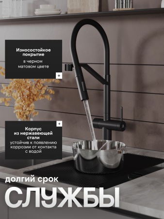 Смеситель для кухни однорычажный с каналом для питьевой воды и гибким изливом Agger Elegant A3241444 черный матовый