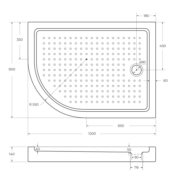 Акриловый душевой  поддон (120х90) CEZARES TRAY-A-RH-120/90-550-15-W-R