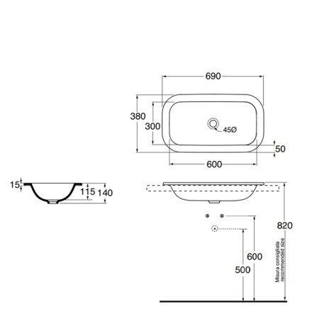 Раковина встраиваемый сверху Azzurra Glaze GLZ GLLI06938000BI (GLZ 69x38/IN bi)